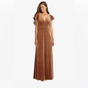 FLUTTER SLEEVE VELVET MAXI DRESS (Bridesmaid) WITH POCKETS IN GOLDEN ALMOND